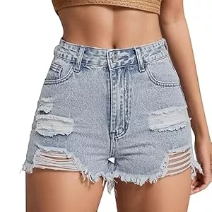 Generisch Shorts Jeans Kurz Damen Sexy Zerrissene mit Fransen Kurze Jeans Jeanshose Denim Stretch High Waist Jeans Short Leicht Curvy Lässig Kurze Hose Shorts Sommer mit Taschen Kurze Hosen Hotpants