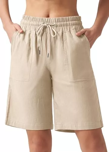 WILLIT Shorts WILLIT Shorts Damen Leinen Baumwolle Shorts Freizeit Bermuda Kurze Hose knielange High Waist Bequeme Sommershorts mit Taschen 10“