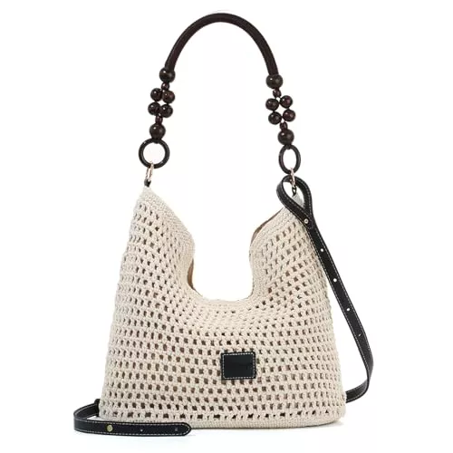BWBIKE Taschen & Rucksäcke BWBIKE Damen Boho Straw Beach Bag - Gehäkelte Baumwoll-Strick-Tragetasche mit 2 abnehmbaren Trägern, Sommer-Umhängetasche und Crossbody-Geldbörse für Reisen und Urlaub