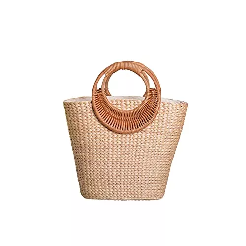 ISAKEN Taschen & Rucksäcke ISAKEN Frauen Strohtaschen Handgewebte Strandtasche Rattan Tasche Schnalle Stil Böhmen Handgefertigt Stroh Crossbody Geflochtene Damen Tasche für Arbeit Reise Party Hochzeit Outdoor