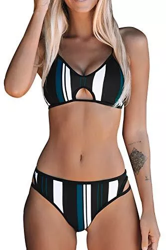 CUPSHE Bademode CUPSHE Damen Bikini Set Cut-Out Bustier Bikinioberteil Streifen Bademode Zweiteiliger Badeanzug
