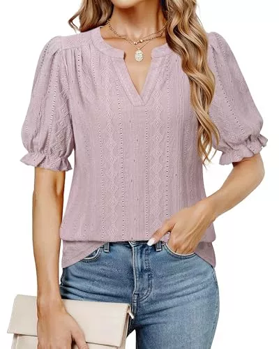 Cerrlop Kurzarmblusen Cerrlop Damen Bluse Lochstickerei Elegant V-Ausschnitt Top Locker Oberteil Kurzarm Tunik Casual Blusenshirt Casual Look