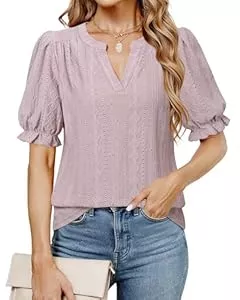 Cerrlop Kurzarmblusen Cerrlop Damen Bluse Lochstickerei Elegant V-Ausschnitt Top Locker Oberteil Kurzarm Tunik Casual Blusenshirt Casual Look