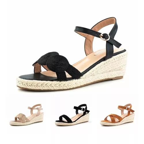 Hitmars Sandalen & Slides Hitmars Sandalen Damen Plateau Sandalen Keilsandalen Espadrilles Keilabsatz Sandaletten Wedges Damen Mode Peep Toe Sommerschuhe Schwarz Beige Khaki EU 36-43