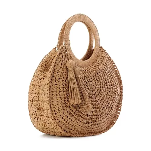 EVEOUT Taschen & Rucksäcke EVEOUT Damen Runde Stroh Handtasche Sommer Mode Gehäkelte Strandtasche mit Bamboo Handle Handgewebt Clutch Henkeltaschen