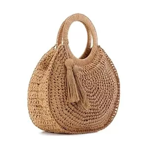 EVEOUT Taschen & Rucksäcke EVEOUT Damen Runde Stroh Handtasche Sommer Mode Gehäkelte Strandtasche mit Bamboo Handle Handgewebt Clutch Henkeltaschen