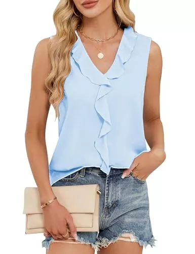 ROFUSSO Ärmellose Blusen ROFUSSO Tank Top Damen Sommer V-Ausschnitt Ärmellos Oberteile Elegant Bluse Tank Top Casual Business Shirt Strand Vest Tops