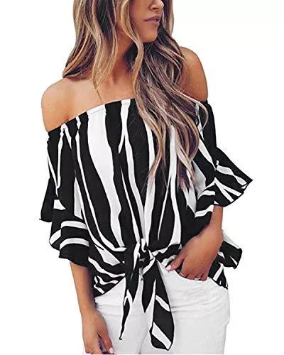 ZANZEA Kurzarmblusen ZANZEA Damen Schulterfrei 3/4 Arm Freizeit Party Strand Lose Tops Shirt Bluse