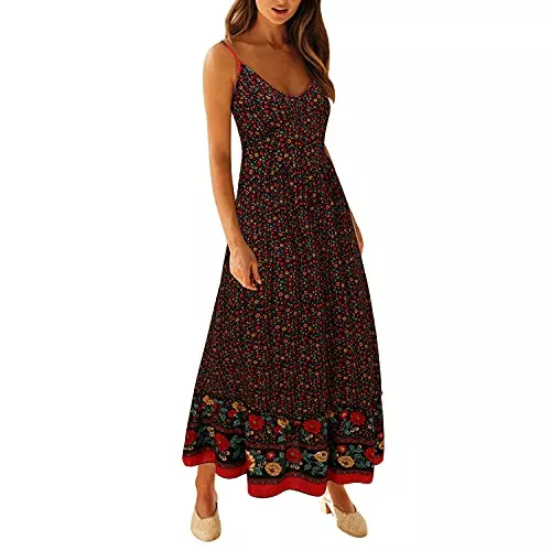 semen Freizeit semen Damen Boho Kleid Lang V Ausschnitt Maxikleid Ärmellose Kleider Elegant Spaghetti Kleid Hohe Taille