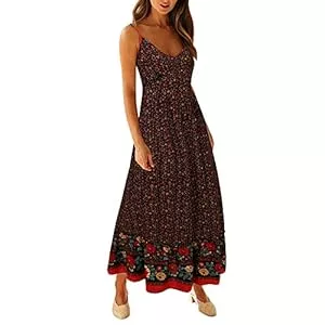 semen Freizeit semen Damen Boho Kleid Lang V Ausschnitt Maxikleid Ärmellose Kleider Elegant Spaghetti Kleid Hohe Taille