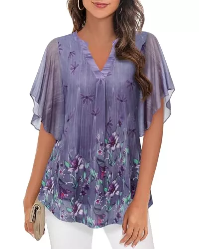 Vafoly Kurzarmblusen Vafoly Bluse Damen Elegant Kurzarm Sommer Tunika V-Ausschnitt Mesh Oberteil Blumen Doppellagige Tunika