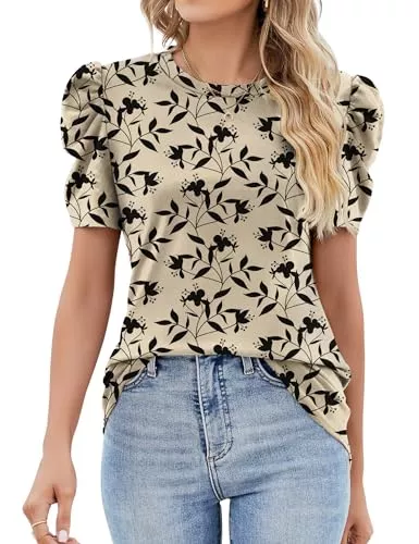 IECCP Kurzarmblusen IECCP Bluse Damen Sommer T-Shirts Puff Spitze Kurzarm 2025 Sommer Oberteile Damen Rundhals Lässig Tunika T-Shirt Elegant