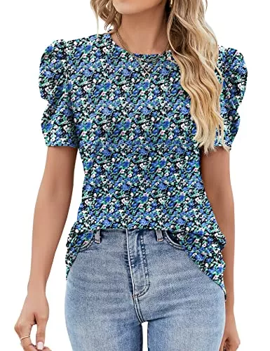 IECCP Kurzarmblusen IECCP Bluse Damen Sommer T-Shirts Puff Spitze Kurzarm 2025 Sommer Oberteile Damen Rundhals Lässig Tunika T-Shirt Elegant