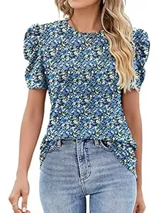 IECCP Kurzarmblusen IECCP Bluse Damen Sommer T-Shirts Puff Spitze Kurzarm 2025 Sommer Oberteile Damen Rundhals Lässig Tunika T-Shirt Elegant