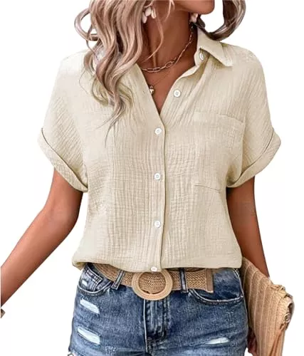 MAGIMODAC Hemdblusen MAGIMODAC Damen Hemdbluse Kurzarm Baumwolle Shirt Hemd Bluse Sommer Freizeit Tshirt Casual Lässige Oberteile mit Knöpfen