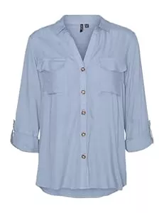 VERO MODA Hemdblusen VERO MODA Damen Blusen Hemd Leger mit Brusttaschen Regular Stretch 3/4 Arm Top Oberteil