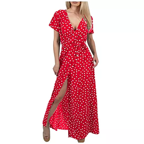 Ansenesna Freizeit Ansenesna Kleid Mit Schlitz Damen Lang Punkte Kleid V Ausschnitt Sommer Elegant Sommerkleid Maxi Frauen Vintage Sommerkleider mit Gürtel Kurzarm Kleider Leicht Strandkleid