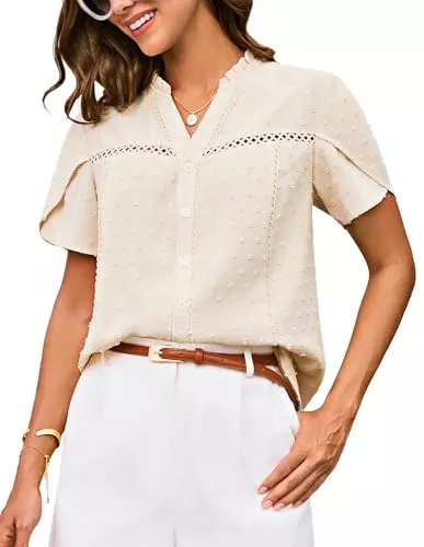 GRACE KARIN Kurzarmblusen GRACE KARIN Damen Elegante Bluse Kurzarm V-Ausschnitt Knopfleiste Festliche Tunika Sommer Oberteil