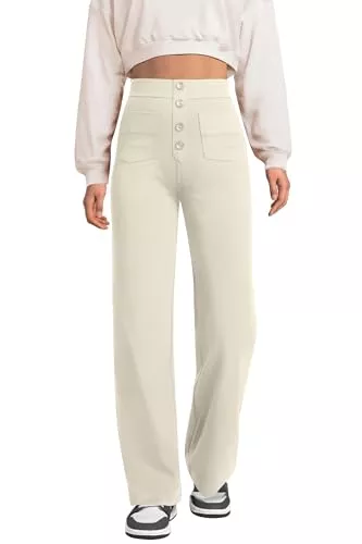 Glacspyg Hosen Glacspyg Weite Hose Damen Hohe Taille Sporthose Knopf Gerade Hosen mit Taschen Elastische Freizeithose