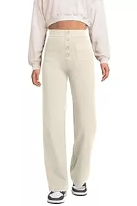 Glacspyg Hosen Glacspyg Weite Hose Damen Hohe Taille Sporthose Knopf Gerade Hosen mit Taschen Elastische Freizeithose
