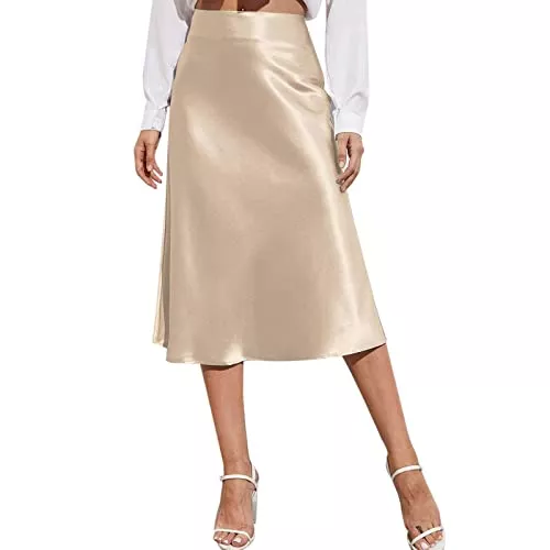 Generisch Röcke Satin Rock für Damen Hohe Taille Skirt Elegant Midirock Winter Business Rock Einfarbig Faltenrock Rock Übergröße Mittellang Elastischer Bund Paillettenrock Party-Paillettenrock Maxirock A-Linie Rock