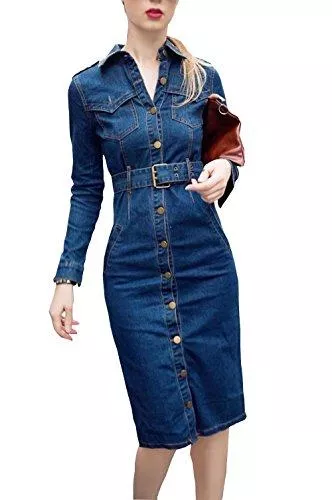 ClairSue Freizeit ClairSue Damen Frühling Sommer Elegant Bodycon Jeanskleid Langarm Rundhals Knopf Knielang Epaulet Denim Blusekleid Partykleid Cocktail Kleid Mit Gürtel