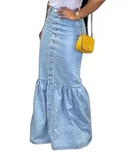 xxxiticat Röcke xxxiticat Damen Blau Denim Skirt Midi Jeansrock Rock Stretch Rüsche Bleistiftrock Sexy Pencil Skirt mit Knöpfen Denim Skirt Midirock