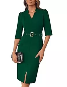 GRACE KARIN Business GRACE KARIN Damen V-Ausschnitt 3/4 Ärmel Bodycon Kleid Elegant Slim Fit Cocktailkleid mit Gürtel Formelle Business Kleid