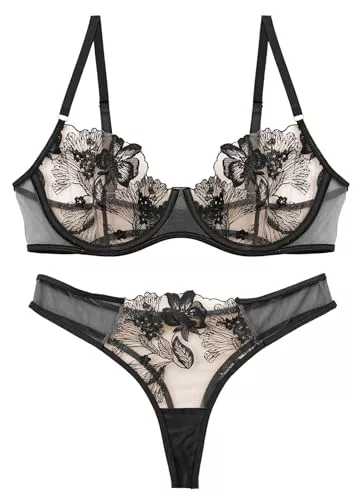 Maeau Unterwäsche & Dessous Maeau Damen BH Und Höschens Set Spitzen Unterwäsche Set Transparent T-Hosen Mesh Sexy Bralette Dünn Spitzenslips Sammel BH S-XL