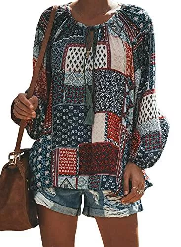 Dokotoo Langarmblusen Dokotoo Damen Boho Bluse Langarm Chiffon Tunika Casual Blumen Oversize Oberteile Tshirt Tops S-2XL