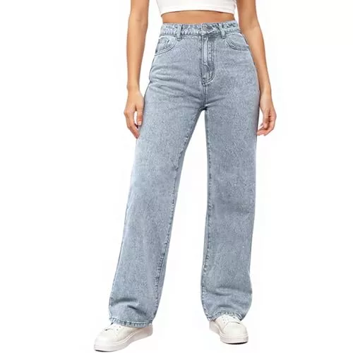 Generisch Jeans Baggy Jeans Damen High Waist Mom Fit Wide Leg Jeanshosen Straight Leg Freizeithose Bequeme Loose Fit Breite Jeans Locker Hosen mit Taschen