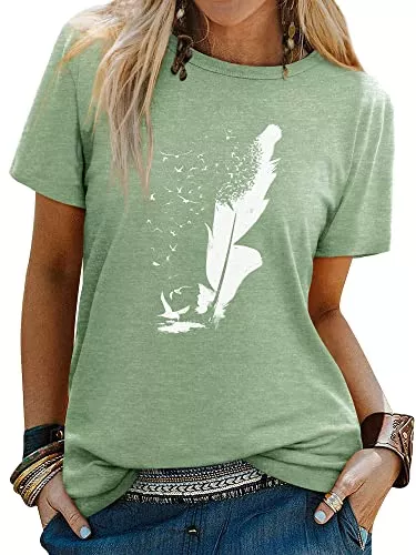 Dresswel T-Shirts Dresswel Damen Friedenstaube Feder Druck T-Shirt Kurzarm Rundhals Oberteile Sommer Tops Tee Shirts Bluse