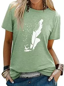 Dresswel T-Shirts Dresswel Damen Friedenstaube Feder Druck T-Shirt Kurzarm Rundhals Oberteile Sommer Tops Tee Shirts Bluse