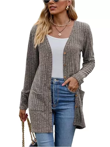 Famulily Strickjacken Famulily Frauen Langarm Open Front Cardigans, Button Down V Neck Leichte Outwear Pullover mit Taschen
