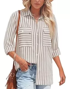 NONSAR Langarmblusen NONSAR Bluse Damen Langarm Streifen Oberteile Casual Gestreiftes Hemd Baumwolle Tunika Langarmshirt Tops Leinenbluse
