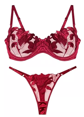 Panegy Unterwäsche & Dessous Panegy Sexy BH und Höschen-Sets Besticktes zweiteiliges Push-Up-Dessous-Set Boudoir-Jubiläum