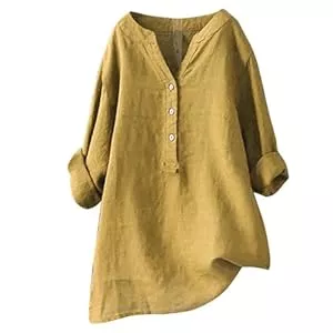 Generic Langarmblusen Longbluse Damen Sommer Button-Down Übergröße Musselin Leinenbluse Atmungsaktive Tops