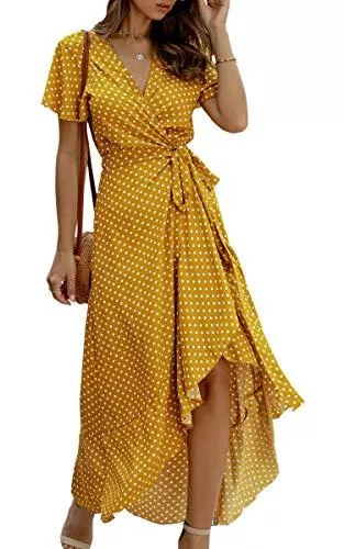 Spec4Y Freizeit Spec4Y Damen Boho Lange Kleider V-Ausschnitt Sommerkleider Kurzarm Wickelkleid Maxikleid Strandkleid mit Schlitz