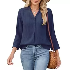 Quatrefox Hemdblusen Damen Oberteile 3/4 Arm Blusen Sommer Elegant V-Ausschnitt Shirt Basic Tunika Solide Tops Freizeit Tshirt