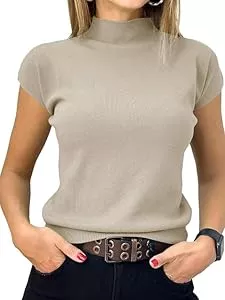 Saodimallsu Kurzarmblusen Saodimallsu Damen Pullover Kurzarm Sommer Strickpullover mit Stehkragen Einfarbig Slim Fit T-Shirt Oberteile Leicht Basic Strickshirts