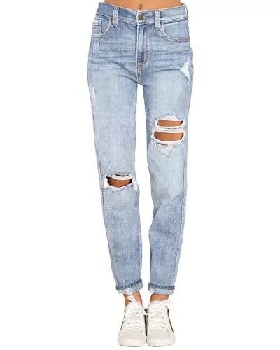 Roskiky Jeans Roskiky Boyfriend Jeans Stretch Jeanshose Jeans Damen High Waist Ripped Jeans Distressed Mom Jeans Slim Denim Pants