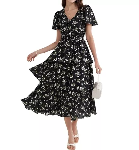 GRACE KARIN Freizeit GRACE KARIN 2024 Damen Sommer V-Ausschnitt Kurzarm Blumenkleid Casual Strand Maxi Kleid Elegant A-Linie Freizeitkleid Urlaubskleid Hochzeit