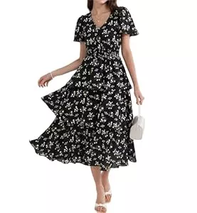 GRACE KARIN Freizeit GRACE KARIN 2024 Damen Sommer V-Ausschnitt Kurzarm Blumenkleid Casual Strand Maxi Kleid Elegant A-Linie Freizeitkleid Urlaubskleid Hochzeit