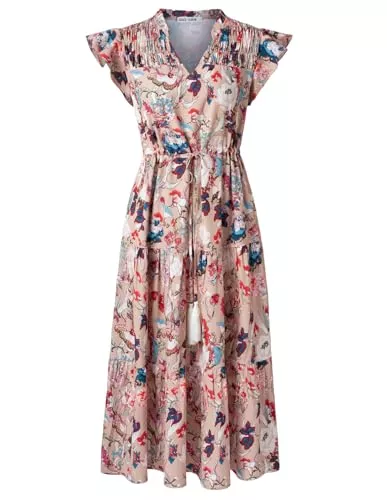 GRACE KARIN Freizeit GRACE KARIN Damen Kleid mit Kordelzug in der Taille Flatterärmeln V-Ausschnitt A-Linien-Kleid