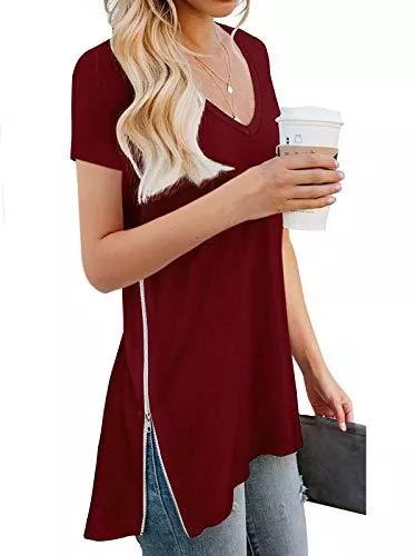 ZANZEA T-Shirts ZANZEA Damen V-Ausschnitte Kurz Ärmel Lose Langshirt T-Shirt Tops Bluse