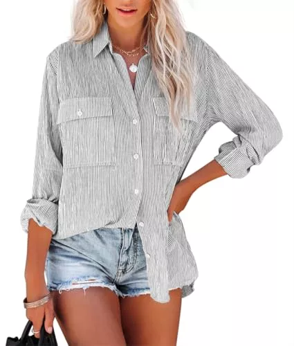 NONSAR Hemdblusen NONSAR Bluse Damen Langarm Streifen Oberteile Casual Gestreiftes Hemd Baumwolle Tunika Langarmshirt Tops Leinenbluse