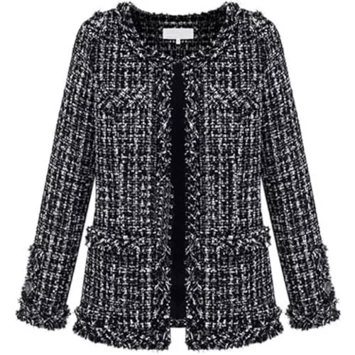 Leyoutx Blazer Leyoutx Damen Kragenloser Plaid Tweed Blazer Elegant Open Front Fransen Casual Business Glitzer Jacke