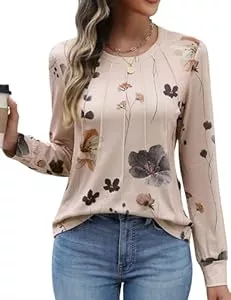 PASUDA Langarmshirts PASUDA Tshirt Damen Langarm Oberteile Casual Rundhals Langarmshirt Baumwolle Lockere T-Shirt Herbst Elegant Falten Geblümt Bluse Tunika Tops