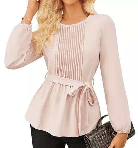 GRACE KARIN Langarmblusen GRACE KARIN Damen Blusen Langarm Rundhal Tunika Elegante Oberteile Loose Fit Freizeit Top mit Taschen