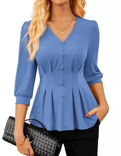 GRACE KARIN Langarmblusen GRACE KARIN Bluse für Damen elegant V-Ausschnitt 3/4-Laternenärmel Hemd plissierter Stretch-Strickpullover für die Arbeit im Büro